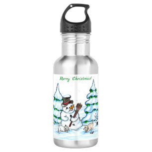 Vrolijk kerstfeest! Snowman met kat en puppy Waterfles
