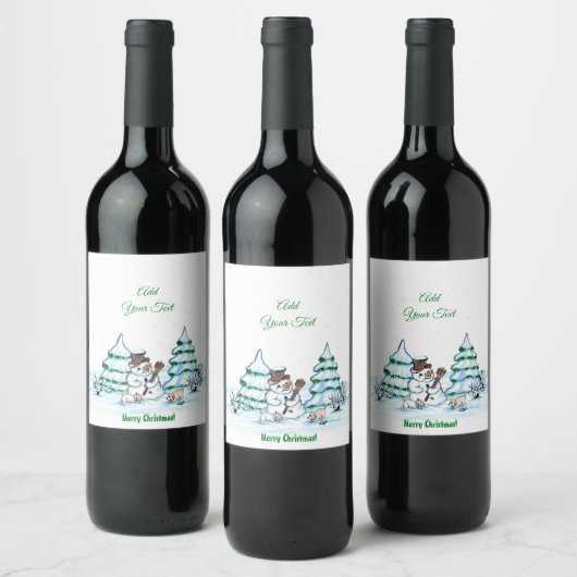 Vrolijk kerstfeest! Snowman met kat en puppy Wijn Etiket (Flessen)