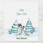 Vrolijk kerstfeest! Snowman met kat en puppy Wijn Etiket (Enkel label)
