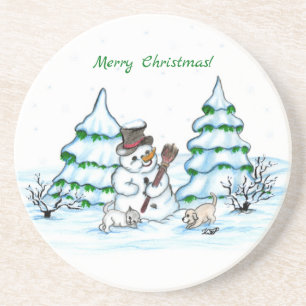 Vrolijk kerstfeest! Snowman met kat en puppy Zandsteen Onderzetter