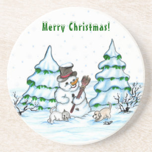 Vrolijk kerstfeest! Snowman met kat en puppy Zandsteen Onderzetter