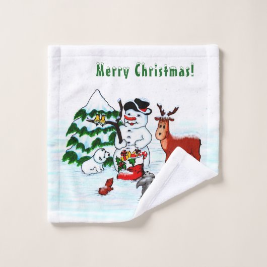 Vrolijk kerstfeest! Snowman met vrienden Bad Handdoek (Wasdoekje)