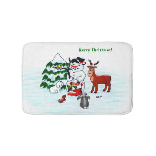 Vrolijk kerstfeest! Snowman met vrienden Badmat