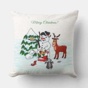 Vrolijk kerstfeest! Snowman met vrienden Buitenkussen