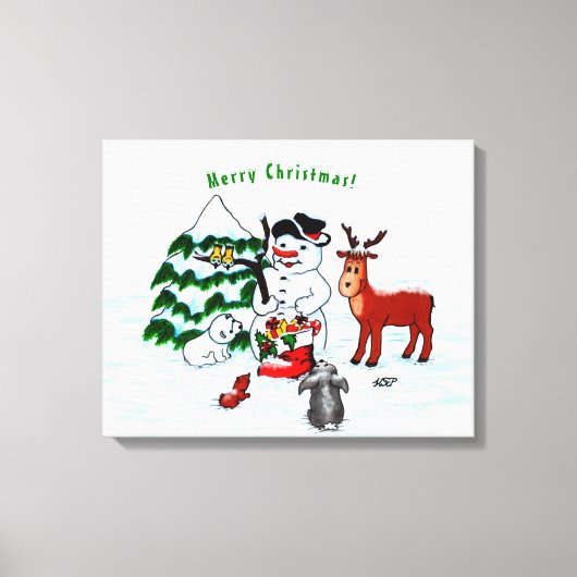 Vrolijk kerstfeest! Snowman met vrienden Canvas Afdruk (Voorkant)