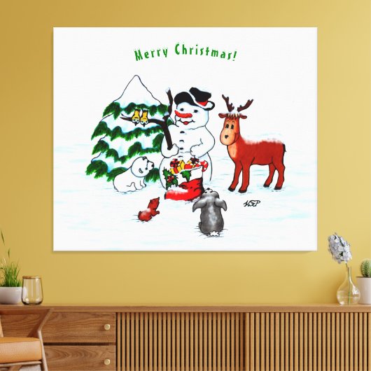 Vrolijk kerstfeest! Snowman met vrienden Canvas Afdruk (Insitu (Woonkamer))