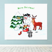 Vrolijk kerstfeest! Snowman met vrienden Canvas Afdruk (Insitu (Houten vloer))