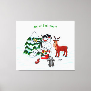 Vrolijk kerstfeest! Snowman met vrienden Canvas Afdruk