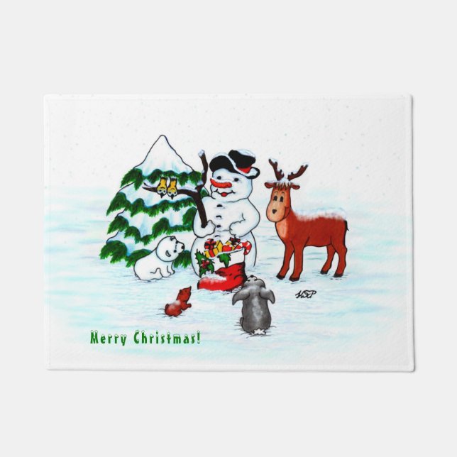 Vrolijk kerstfeest! Snowman met vrienden Deurmat (Voorkant)