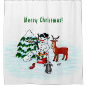 Vrolijk kerstfeest! Snowman met vrienden Douchegordijn (Voorkant)