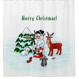 Vrolijk kerstfeest! Snowman met vrienden Douchegordijn