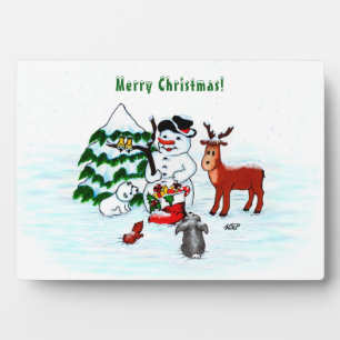 Vrolijk kerstfeest! Snowman met vrienden Fotoplaat