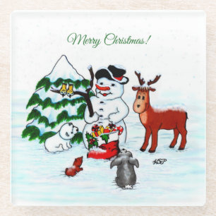 Vrolijk kerstfeest! Snowman met vrienden Glazen Onderzetter