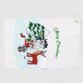 Vrolijk kerstfeest! Snowman met vrienden Golfhanddoek (Horizontaal)