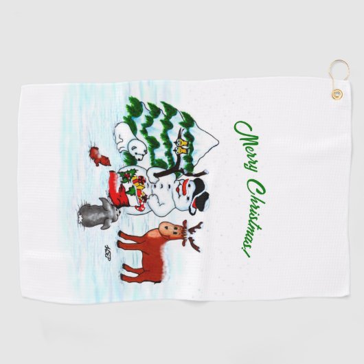 Vrolijk kerstfeest! Snowman met vrienden Golfhanddoek (Horizontaal)