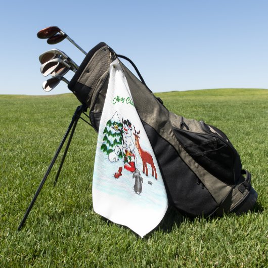 Vrolijk kerstfeest! Snowman met vrienden Golfhanddoek (Groen)