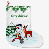 Vrolijk kerstfeest! Snowman met vrienden Grote Kerstsok (Voorkant)