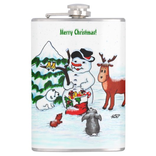 Vrolijk kerstfeest! Snowman met vrienden Heupfles (Voorkant)