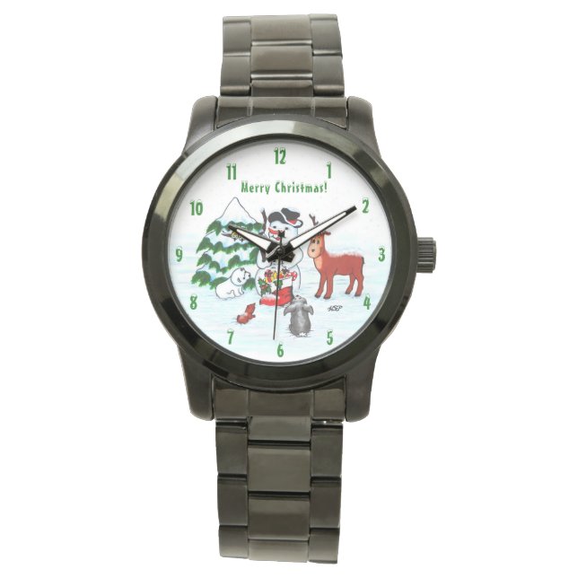 Vrolijk kerstfeest! Snowman met vrienden Horloge (Voorkant)