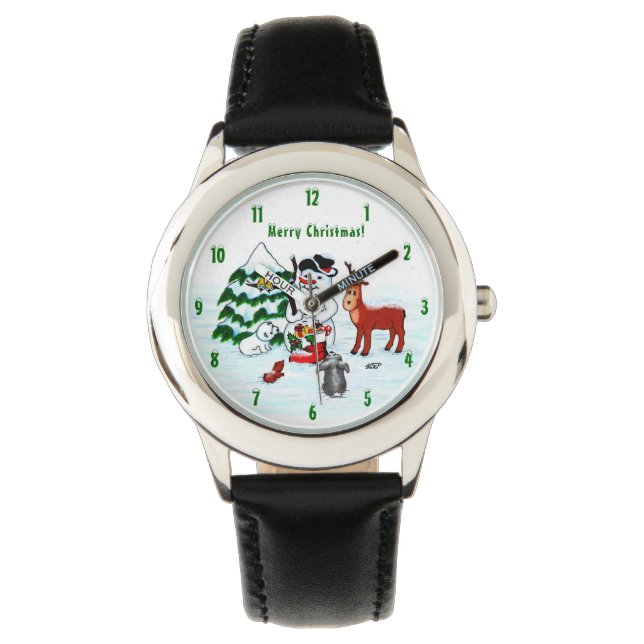 Vrolijk kerstfeest! Snowman met vrienden Horloge (Voorkant)