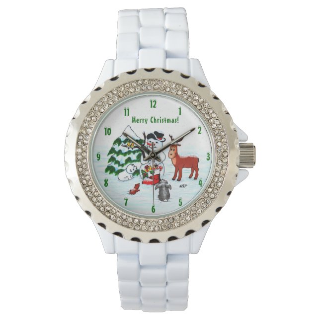 Vrolijk kerstfeest! Snowman met vrienden Horloge (Voorkant)
