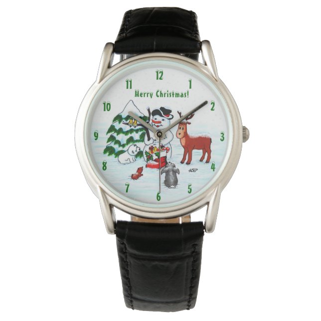 Vrolijk kerstfeest! Snowman met vrienden Horloge (Voorkant)