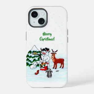 Vrolijk kerstfeest! Snowman met vrienden iPhone 15 Case