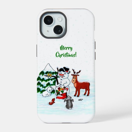 Vrolijk kerstfeest! Snowman met vrienden iPhone 15 Case (Achterkant)