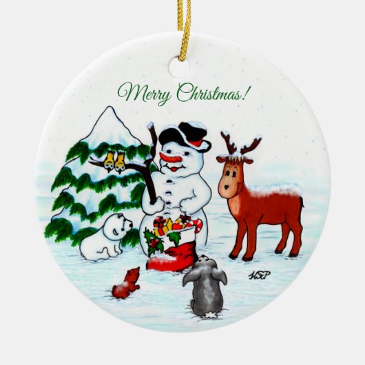 Vrolijk kerstfeest! Snowman met vrienden Keramisch Ornament (Voorkant)