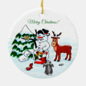 Vrolijk kerstfeest! Snowman met vrienden Keramisch Ornament (Achterkant)