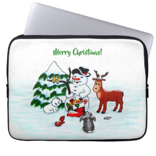 Vrolijk kerstfeest! Snowman met vrienden Laptop Sleeve