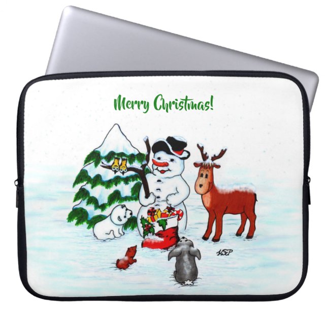 Vrolijk kerstfeest! Snowman met vrienden Laptop Sleeve (Voorkant)