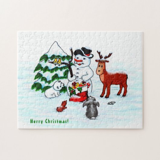 Vrolijk kerstfeest! Snowman met vrienden Legpuzzel (Horizontaal)