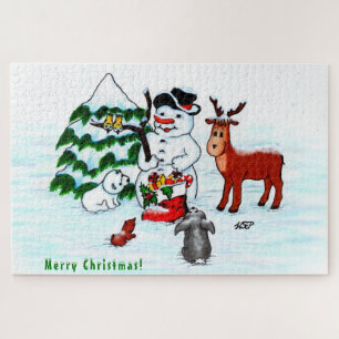 Vrolijk kerstfeest! Snowman met vrienden Legpuzzel
