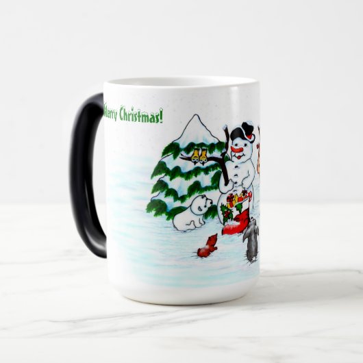 Vrolijk kerstfeest! Snowman met vrienden Magische Mok (Voorkant links)