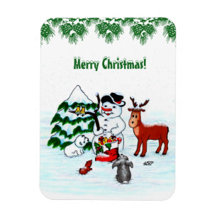 Vrolijk kerstfeest! Snowman met vrienden Magneet