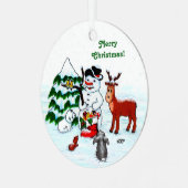 Vrolijk kerstfeest! Snowman met vrienden Metalen Ornament (Voorkant links)