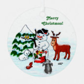 Vrolijk kerstfeest! Snowman met vrienden Metalen Ornament (Voorkant)