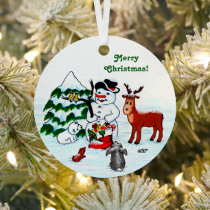 Vrolijk kerstfeest! Snowman met vrienden Metalen Ornament