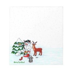 Vrolijk kerstfeest! Snowman met vrienden Notitieblok