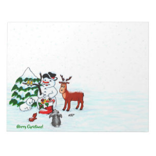 Vrolijk kerstfeest! Snowman met vrienden Notitieblok