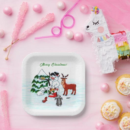 Vrolijk kerstfeest! Snowman met vrienden Papieren Bordje (Feest)