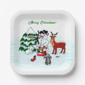 Vrolijk kerstfeest! Snowman met vrienden Papieren Bordje (Voorkant)