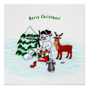 Vrolijk kerstfeest! Snowman met vrienden Perfect Poster