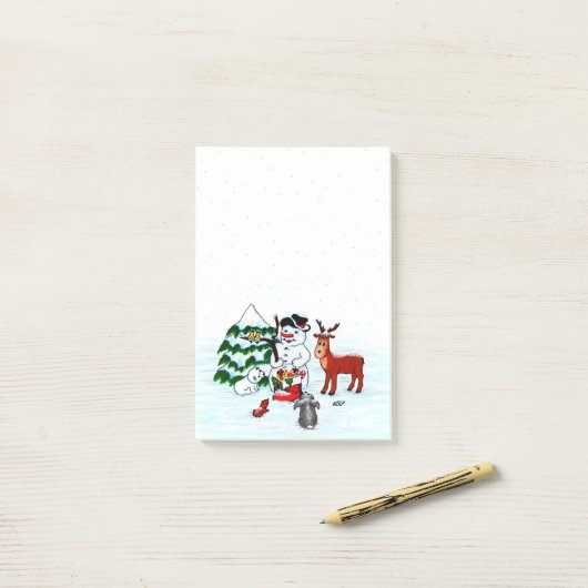 Vrolijk kerstfeest! Snowman met vrienden Post-it® Notes (Op bureau)