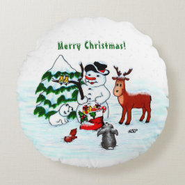 Vrolijk kerstfeest! Snowman met vrienden Rond Kussen
