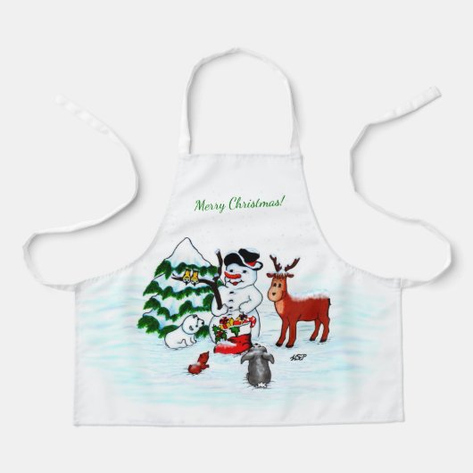 Vrolijk kerstfeest! Snowman met vrienden Schort (Voorkant)