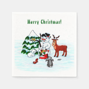 Vrolijk kerstfeest! Snowman met vrienden Servet