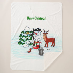 Vrolijk kerstfeest! Snowman met vrienden Sherpa Deken
