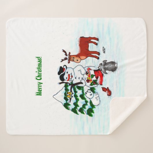 Vrolijk kerstfeest! Snowman met vrienden Sherpa Deken (Voorkant (horizontaal))